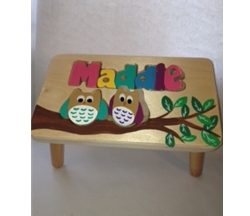 Hand painted stool with owl design and the name Maddie on it